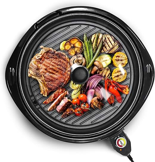 Large Indoor Electric Round Nonstick Grill with Glass Lid