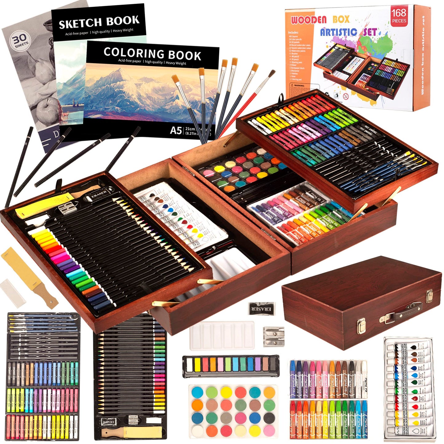 168-Pack Art Supplies Wooden Case Drawing Painting Coloring Kit