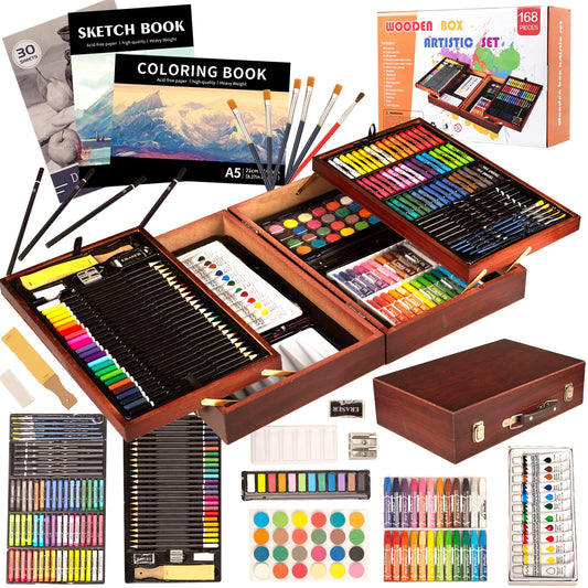 168-Pack Art Supplies Wooden Case Drawing Painting Coloring Kit