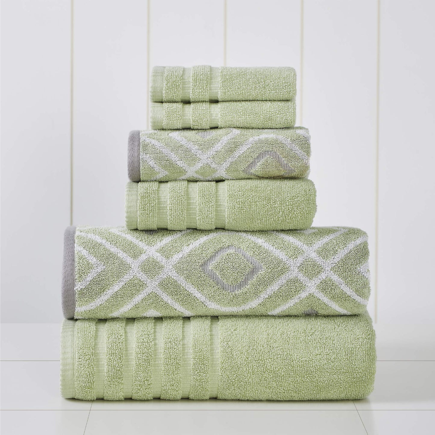 6-Piece Yarn Dyed Oxford Stripe Jacquard/Solid Ultra Soft 500GSM 100% Combed Cotton Towel Set Sage Green]