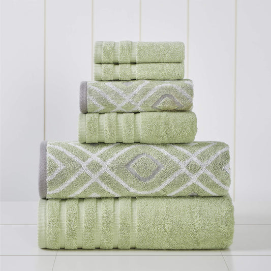 6-Piece Yarn Dyed Oxford Stripe Jacquard/Solid Ultra Soft 500GSM 100% Combed Cotton Towel Set Sage Green]