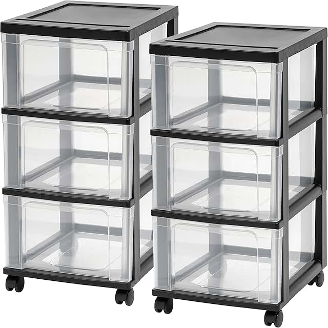 Plastic 3-Drawer Rolling Storage Cart, 2-Pack