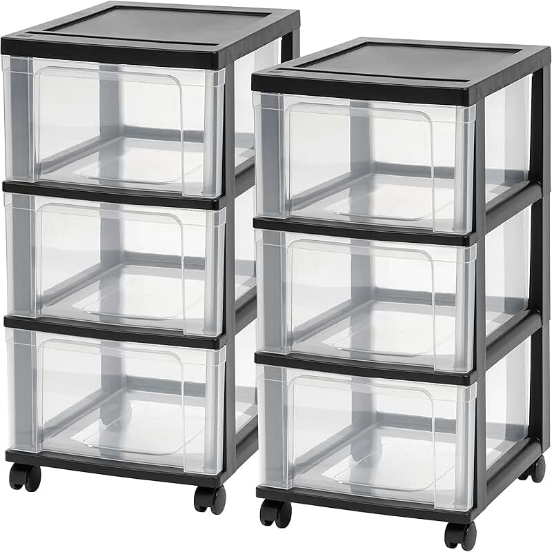 Plastic 3-Drawer Rolling Storage Cart, 2-Pack