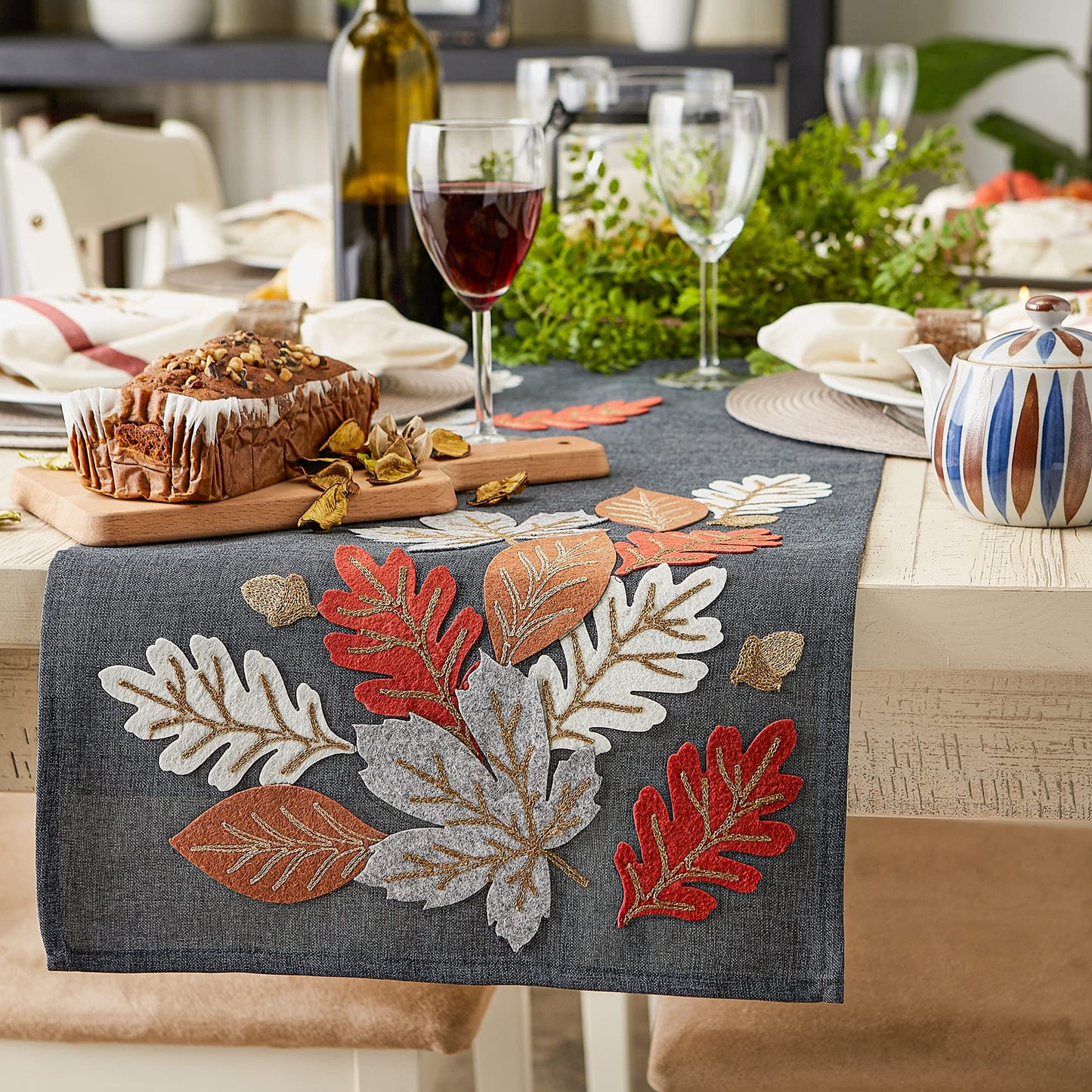 Fall Table Dcor Embroidered Tabletop for Thanksgiving Dining, Table Runner, 14x108, Autumn Leaves