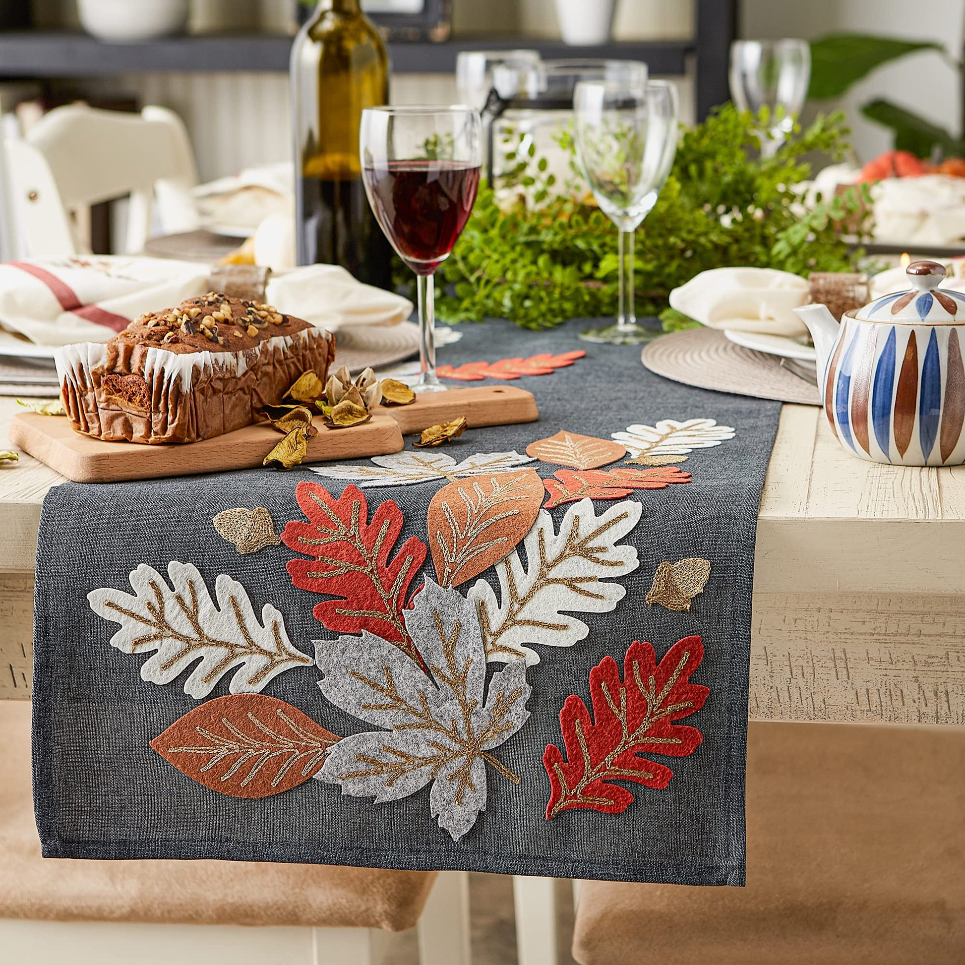 Fall Table Dcor Embroidered Tabletop for Thanksgiving Dining, Table Runner, 14x108, Autumn Leaves