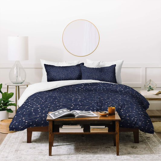 Dash and Ash Nights Sky in Navy Duvet Set with Two Pillow Shams, Full/Queen, Blue