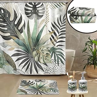 Green bathroom decor set with shower curtain, bath mat, soap dispenser, and toothbrush holder