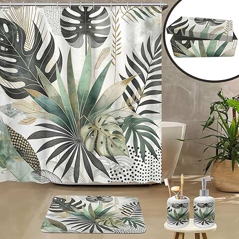 Green bathroom decor set with shower curtain, bath mat, soap dispenser, and toothbrush holder
