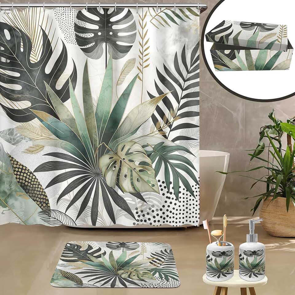 Green bathroom decor set with shower curtain, bath mat, soap dispenser, and toothbrush holder