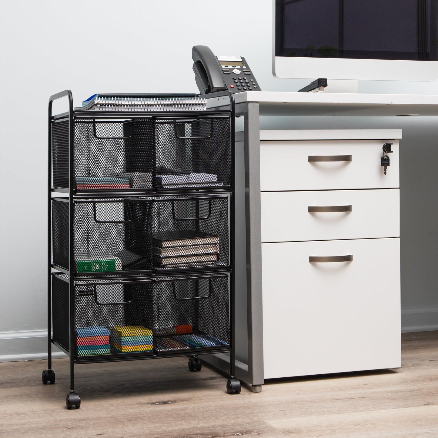 Multipurpose Rolling Cart with Drawers and Metal Mesh