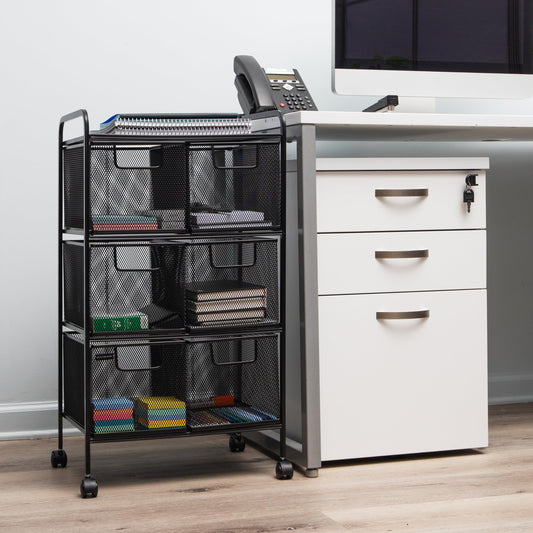 Multipurpose Rolling Cart with Drawers and Metal Mesh