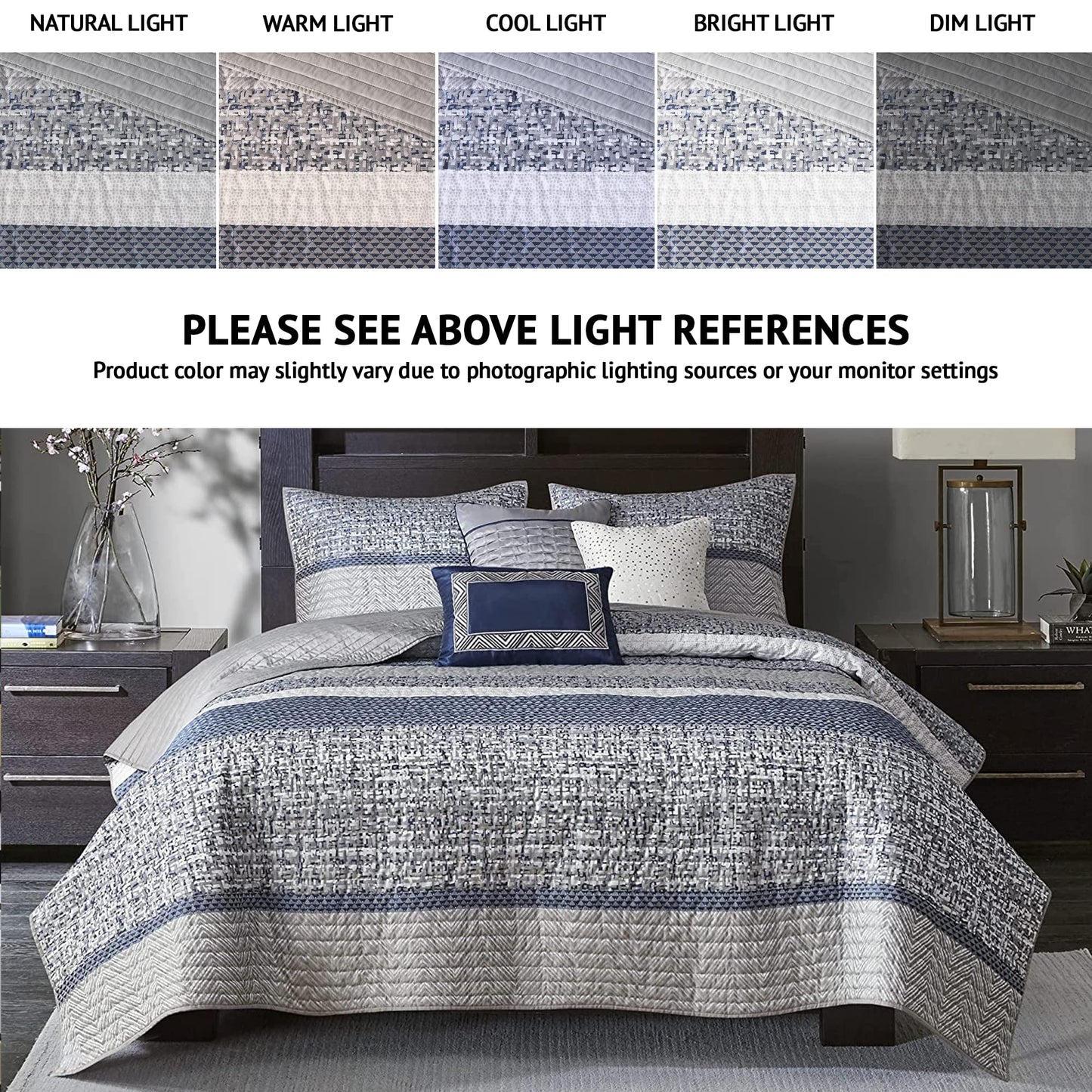 Quilt Set Luxurious Jacquard Stripes Design  All Season, Coverlet Bedspread Lightweight Bedding Layer, Shams, Decorative Pillow, King/Cal King(104"x94"), Chevron Navy 6 Piece
