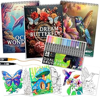 Adult coloring book with 36 markers for relaxation