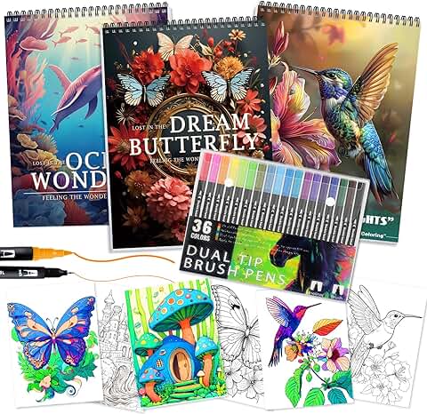 Adult coloring book with 36 markers for relaxation