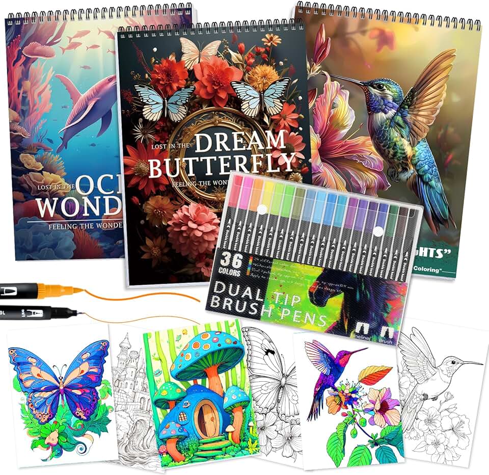 Adult coloring book with 36 markers for relaxation