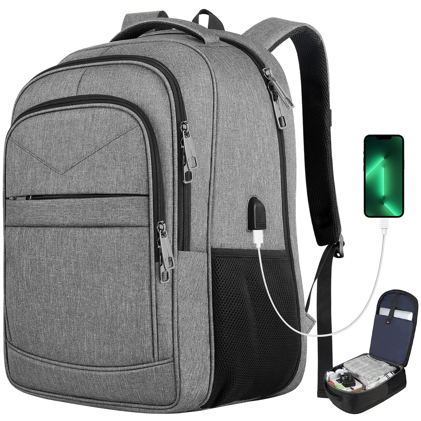 Laptop Backpack, Travel Backpack, Extra Large TSA 17 Inch Carry on Backpack, Anti-Theft College School Student Backpack with USB Port, Water Resistant Computer Backpack Gift for Men Women,Grey