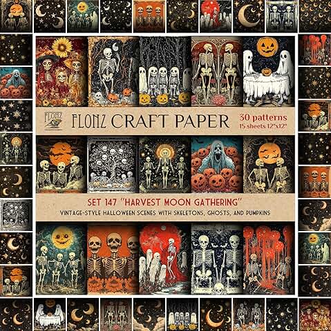 Vintage Halloween scrapbook paper with skeletons ghosts and pumpkins