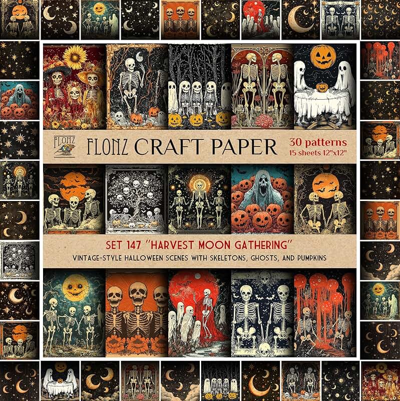Vintage Halloween scrapbook paper with skeletons ghosts and pumpkins