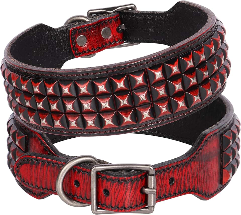 Soft Genuine Leather Dog Collar with Rivets and Spikes
