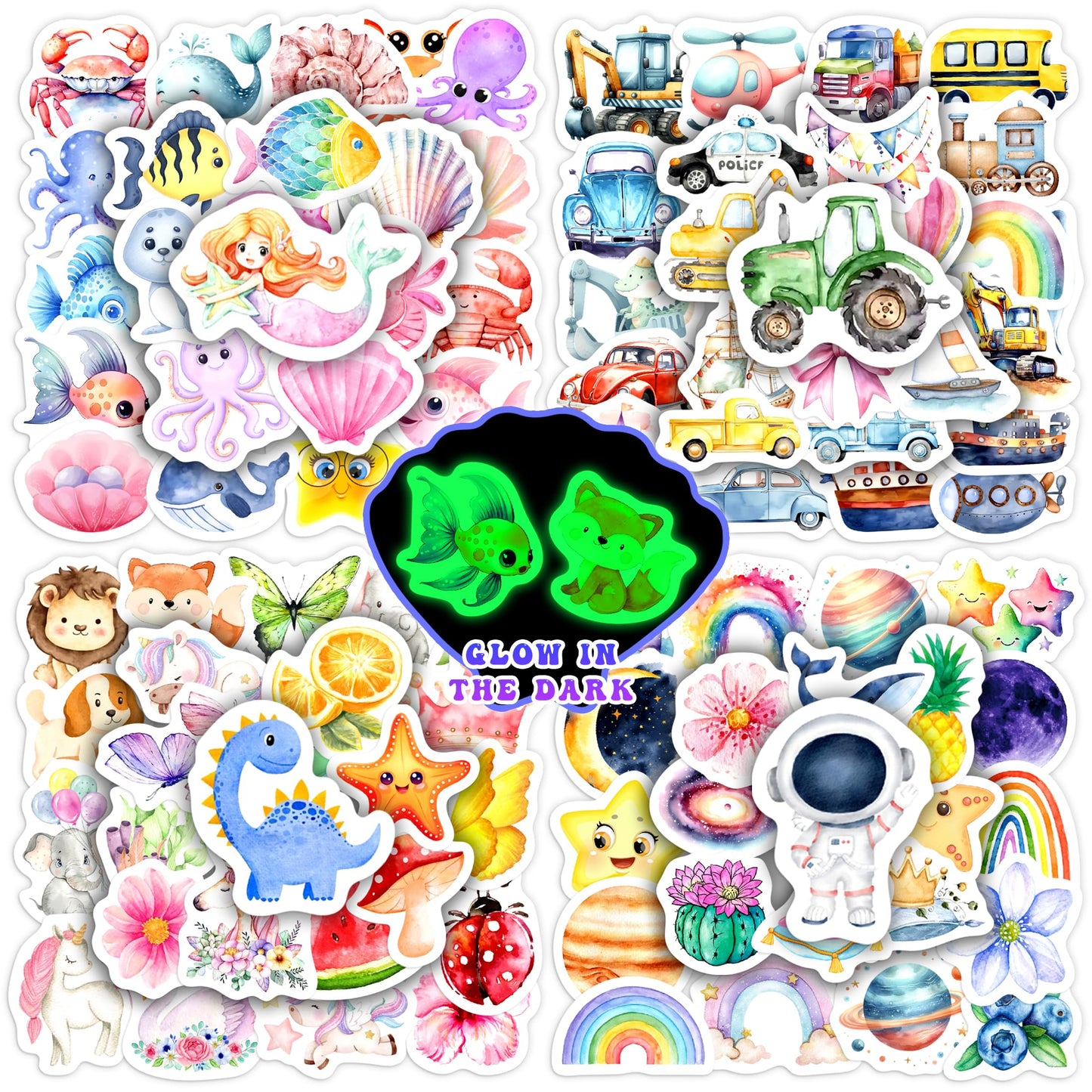 100 Glow-in-the-Dark Cartoon Water Bottle Stickers for Kids