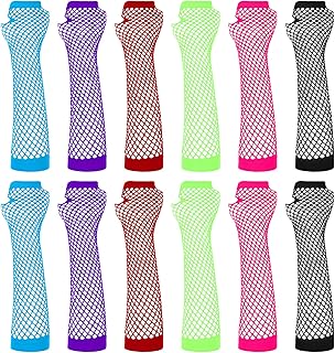 Six Pairs of Neon Fishnet Fingerless Gloves for Women and Girls