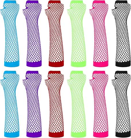 Six Pairs of Neon Fishnet Fingerless Gloves for Women and Girls
