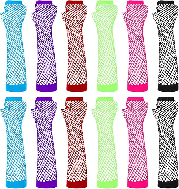 Six Pairs of Neon Fishnet Fingerless Gloves for Women and Girls