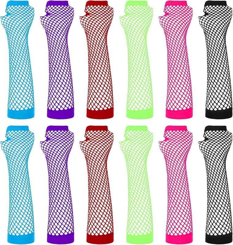 Six Pairs of Neon Fishnet Fingerless Gloves for Women and Girls