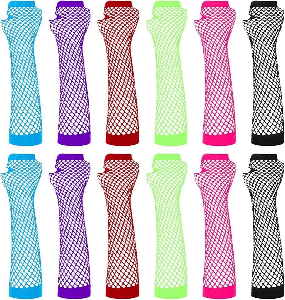 Six Pairs of Neon Fishnet Fingerless Gloves for Women and Girls
