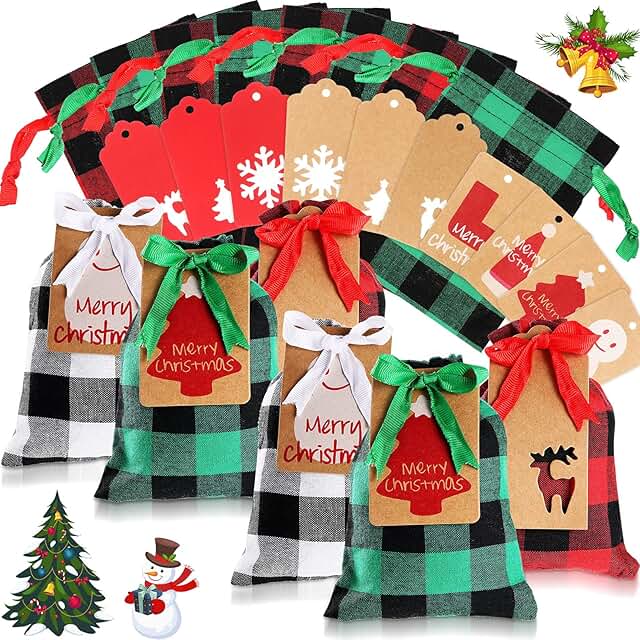 60 Christmas plaid drawstring gift bags with cards