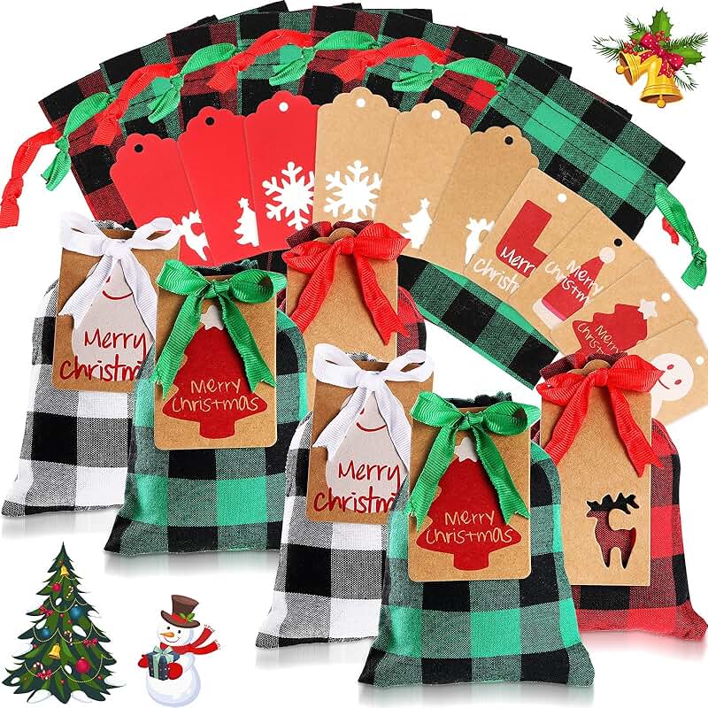 60 Christmas plaid drawstring gift bags with cards