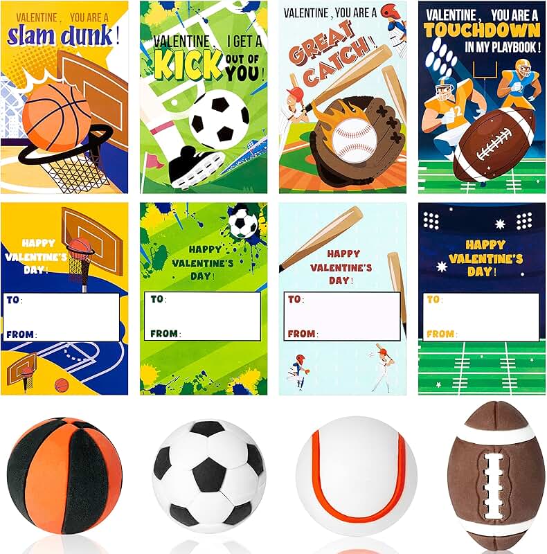 28 Pack Kids Valentine's Day Sports Gift Cards with Erasers