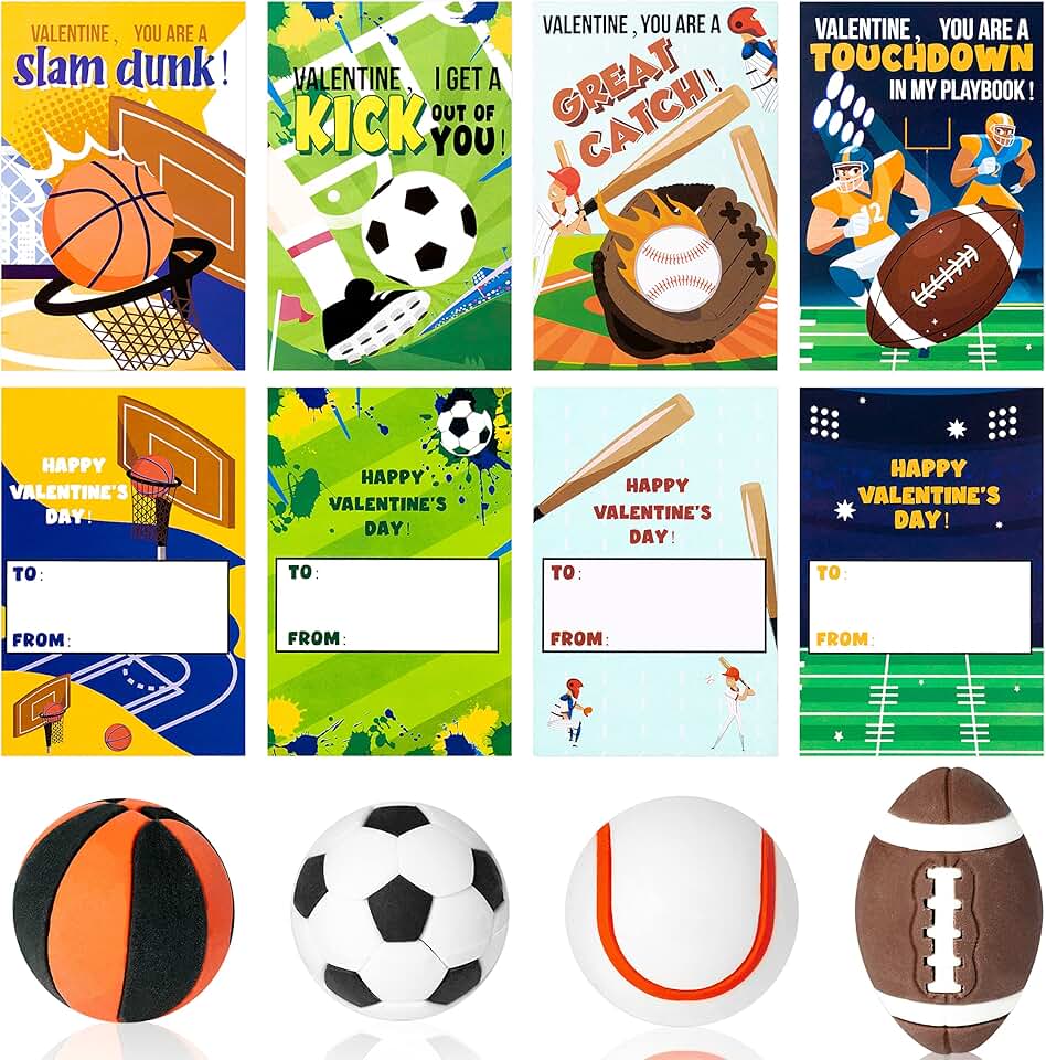 28 Pack Kids Valentine's Day Sports Gift Cards with Erasers