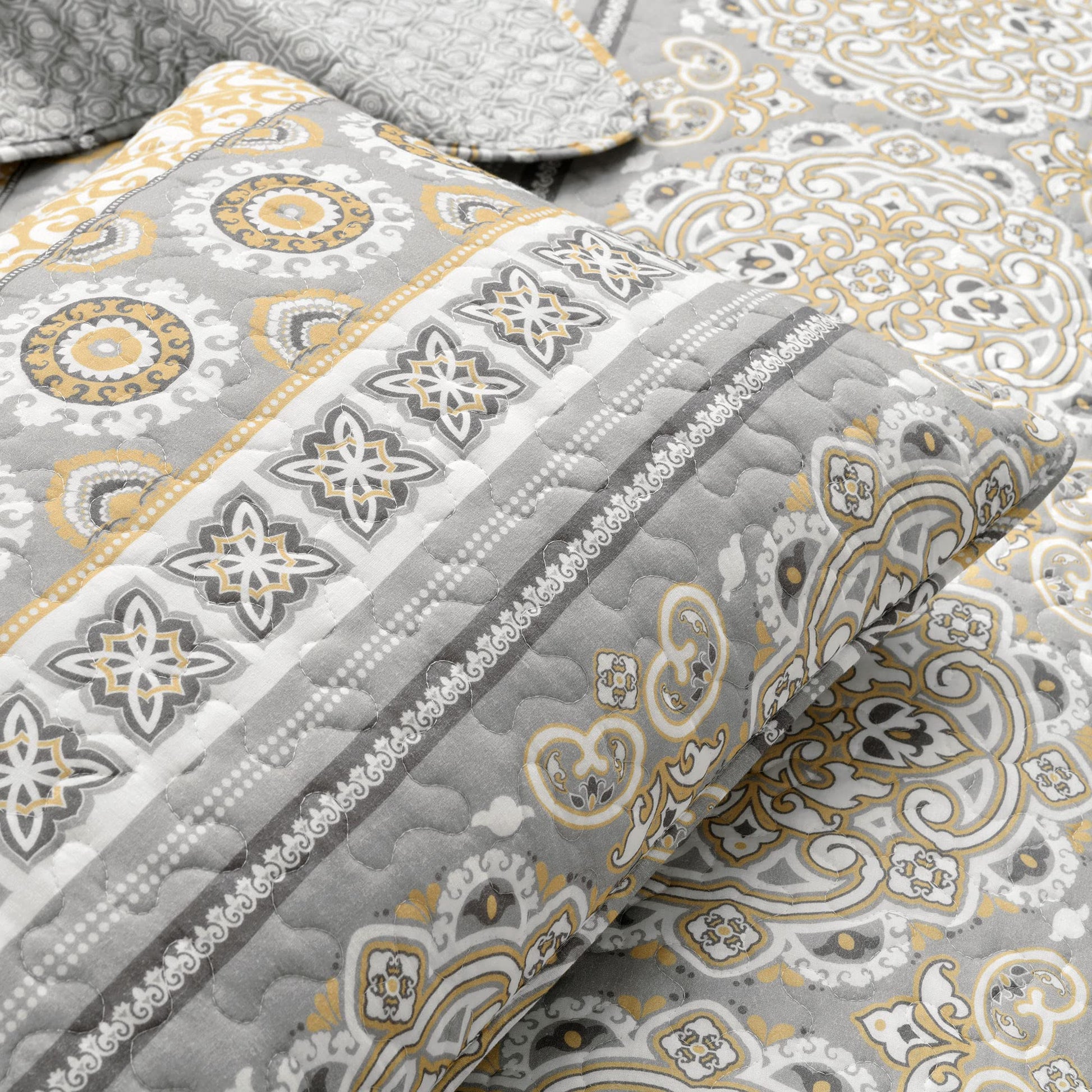 Nesco Stripe Reversible Cotton 3 Piece Quilt Set, King, Yellow  Gray