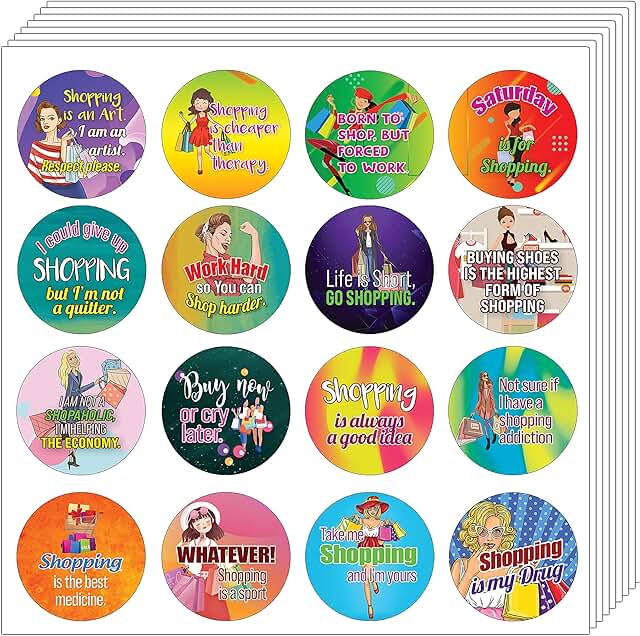 Colorful Shopaholic Quotes Stickers, 10 Sheets, 16 Designs