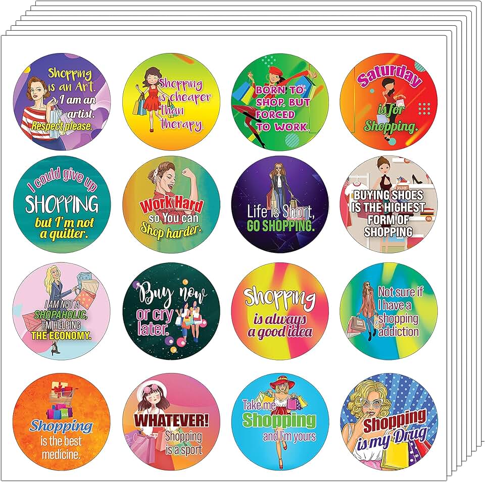 Colorful Shopaholic Quotes Stickers, 10 Sheets, 16 Designs