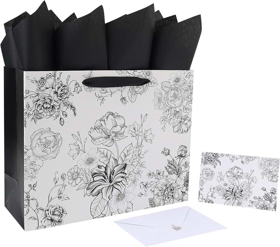 Large floral gift bag with handles and accessories