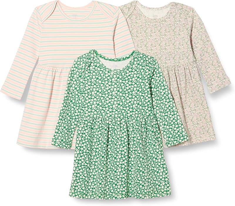 Three Cotton Long-Sleeve Dresses for Toddlers and Baby Girls