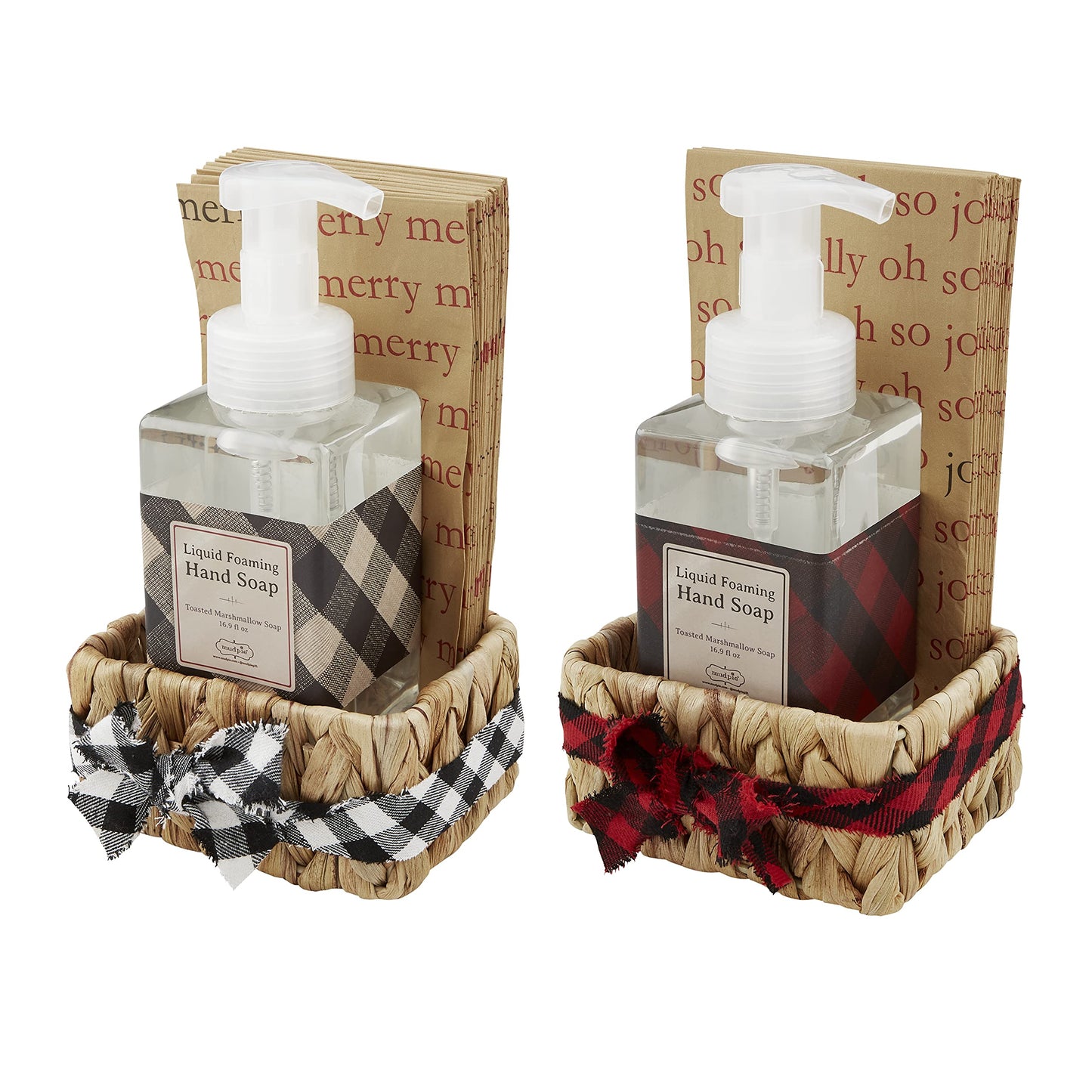 Cream Check Toasted Marsh Scented Soap  Napkin Basket Set, soap 17 oz  Napkins 7 3/4" x 4" 2 1/2" x 4 1/4" x 3 1/2"