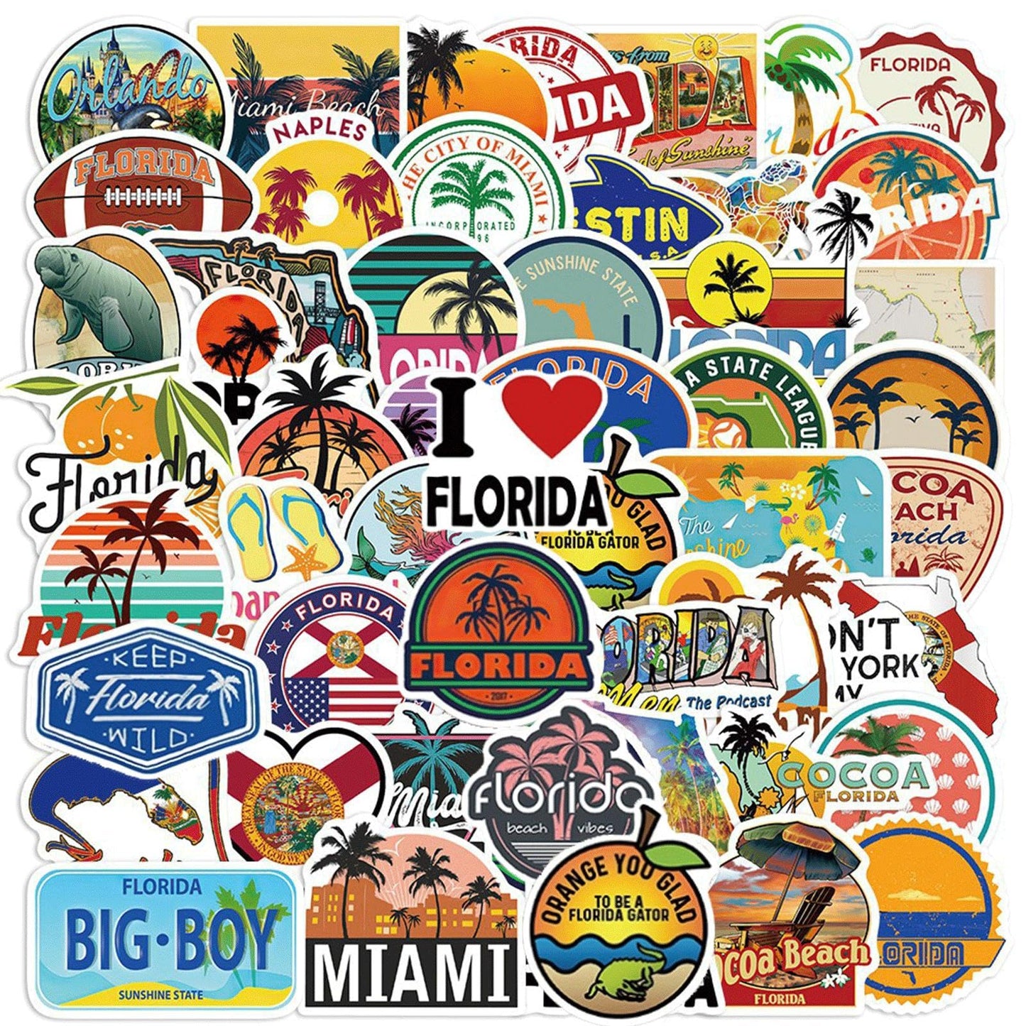 Set of 100 Waterproof Florida Stickers for Laptops and Water Bottles