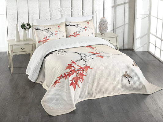 Bedspread, Cherry Blossom Sakura Tree Branches Romantic Spring Themed Watercolor Picture, Decorative Quilted 3 Piece Coverlet Set with 2 Pillow Shams, Queen Size, Coral Black