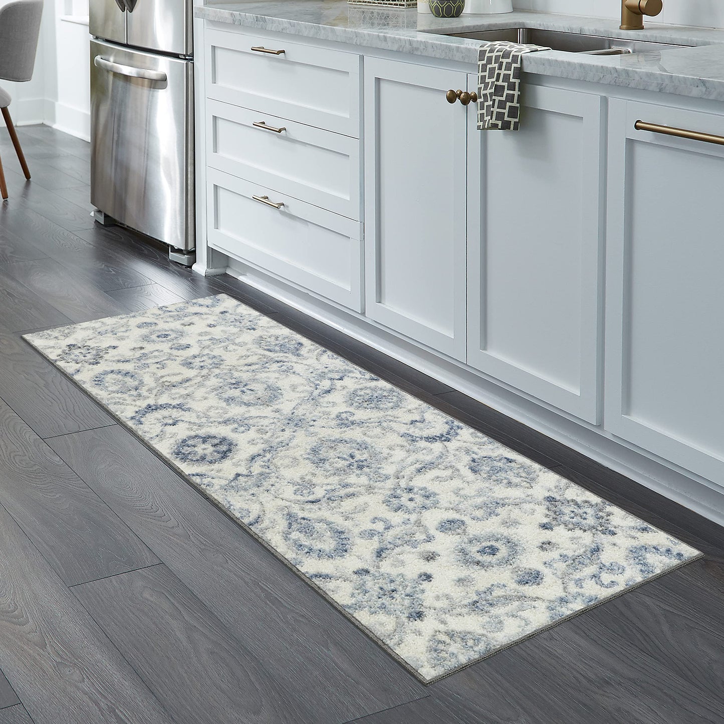 Blooming Damask Non Runner Rug For Hallway Entry Way Floor Carpet Made in USA], 2 x 6, Grey/Blue