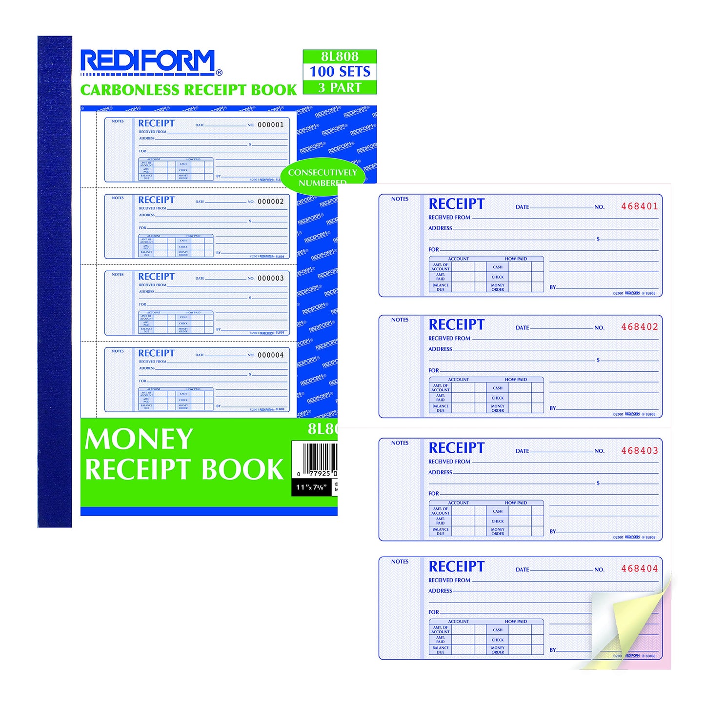 Money Receipt Book with Carbonless Forms, 11" x 8"