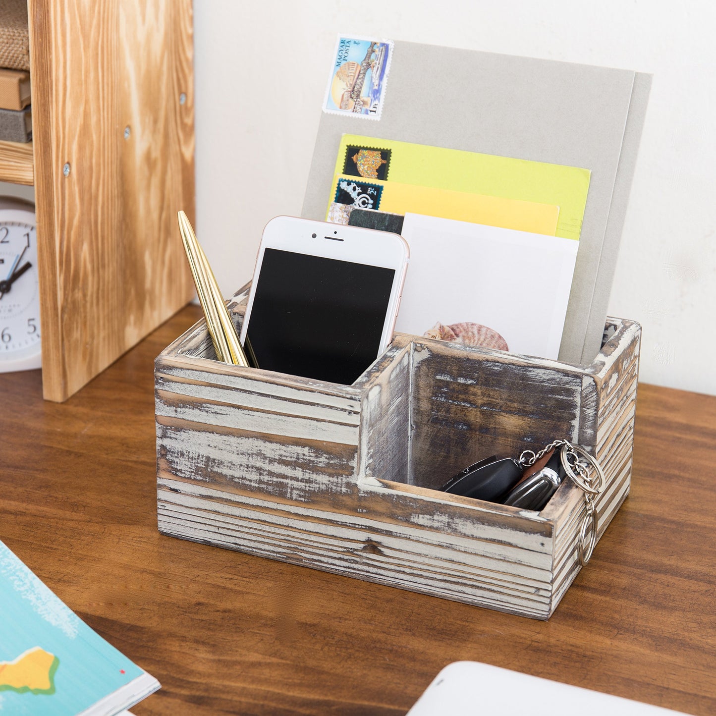 Wooden TV remote and stationery organizer with three compartments