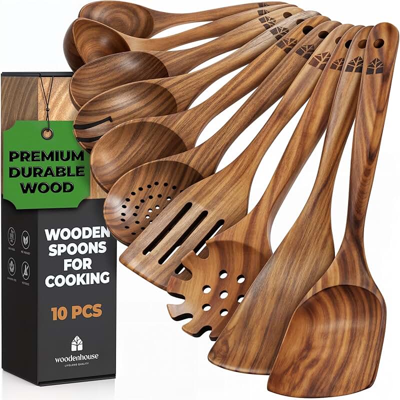 Set of 6 Natural Teak Wood Cooking Spoons
