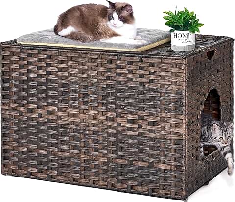 Cat Litter Box Enclosure with Mat and Rattan House
