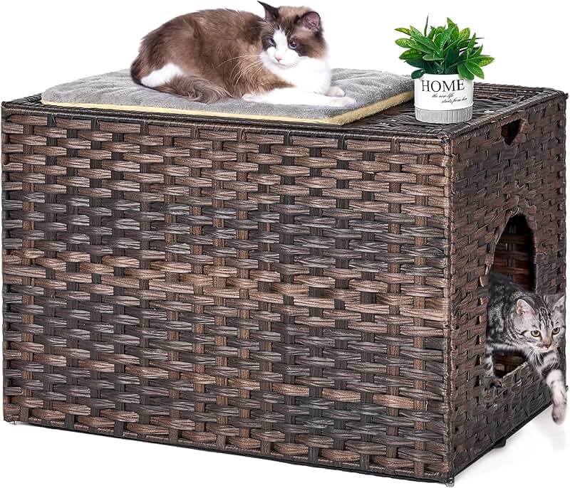 Cat Litter Box Enclosure with Mat and Rattan House