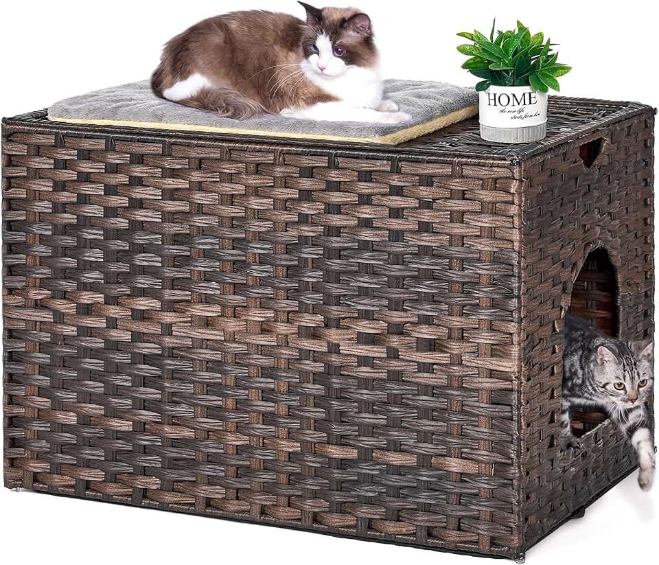 Cat Litter Box Enclosure with Mat and Rattan House