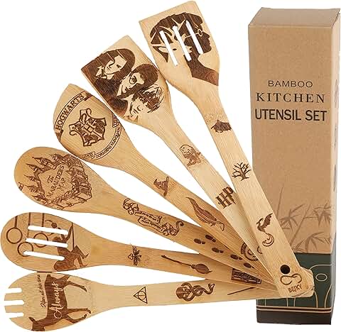Six-piece set of wooden bamboo spoons with engraved patterns