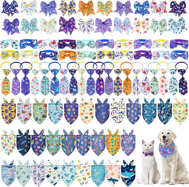 120 Pcs Colorful Ocean Animal Dog Bandanas and Bows
